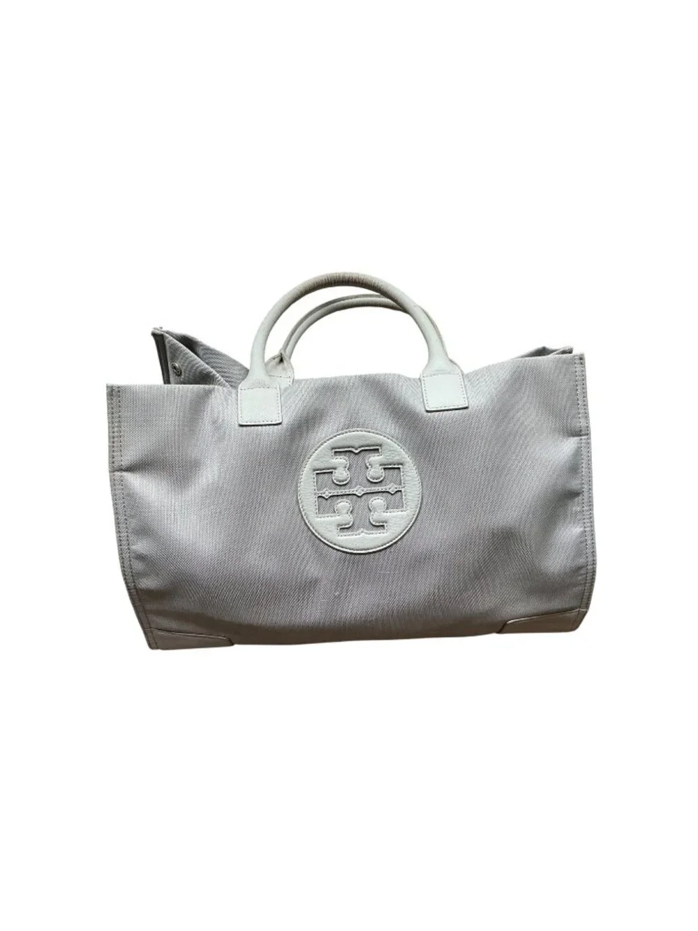 Tory Burch Ella Gray Canvas Tote White Leather Trim Large Logo Shoulder Bag